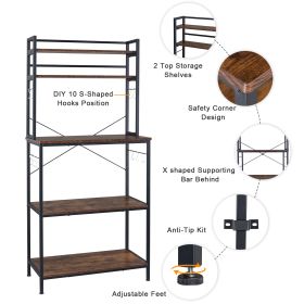 5-Tier Kitchen Bakers Rack with 10 S-Shaped Hooks, Industrial Microwave Oven Stand, Free Standing Kitchen Utility Cart Storage Shelf Organizer (Rustic